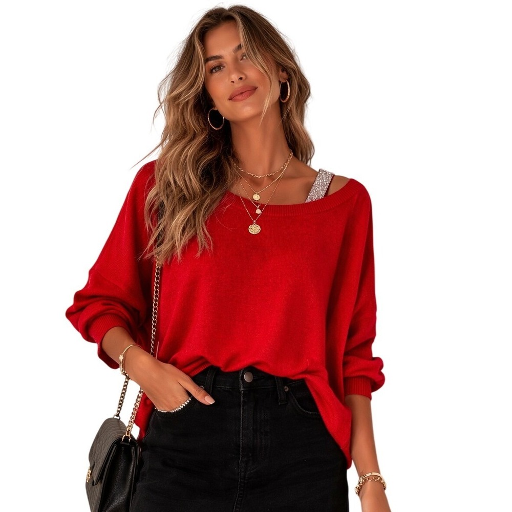 Jessica Simpson Off Shoulder Sweater Womens 2X Red‎ Rhinestone Strap Long Sleeve